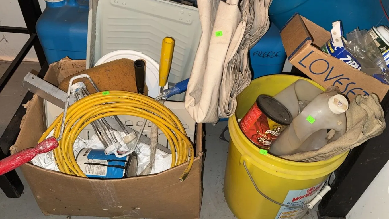 Household and Utility Items Including Extension Cord and Containers