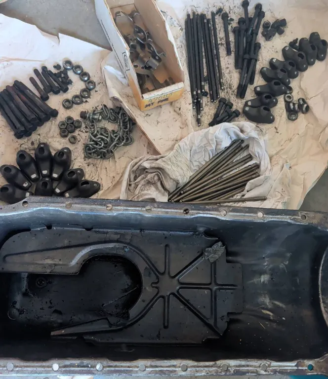 Engine Oil Pan with Hardware and Valve Train Components