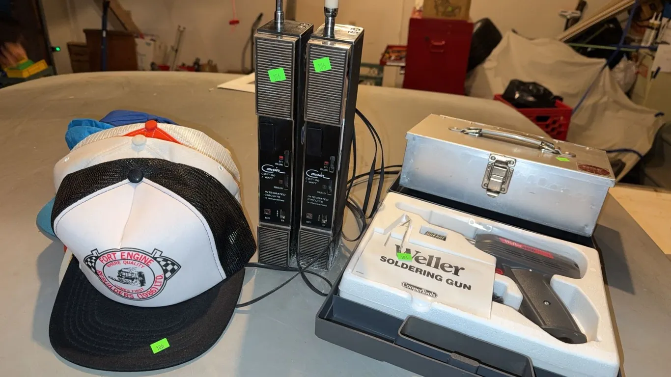 Vintage Trucker Hats, Weller Soldering Gun, and Electro-Voice Wireless Microphone Receivers