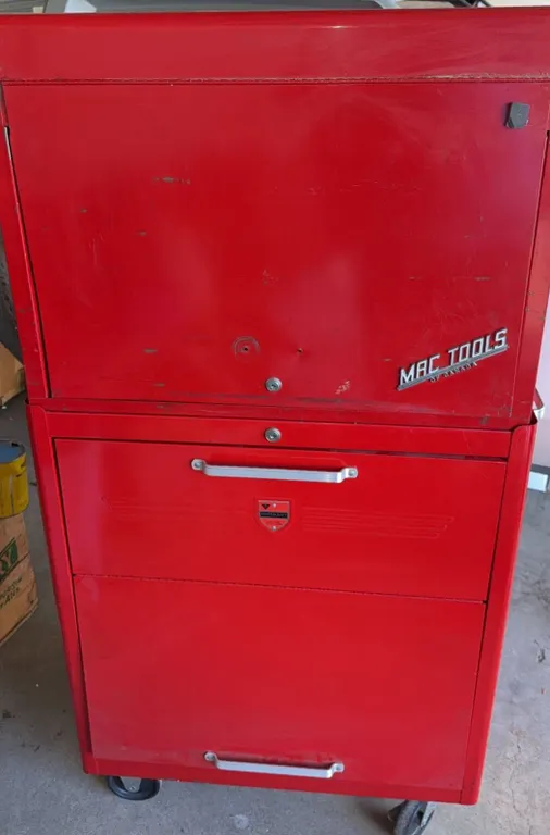 Mac Tools Red Rolling Tool Chest With Assorted Hand Tools and Hardware