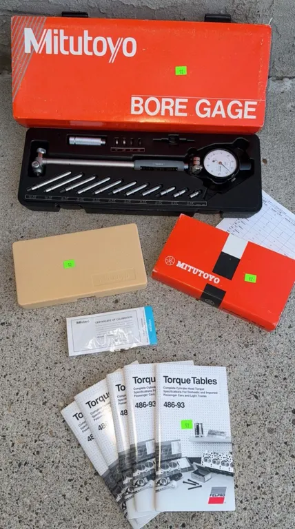 Mitutoyo Bore Gage Set, Micrometer, Calibration Certificate, and Fel-Pro Torque Tables