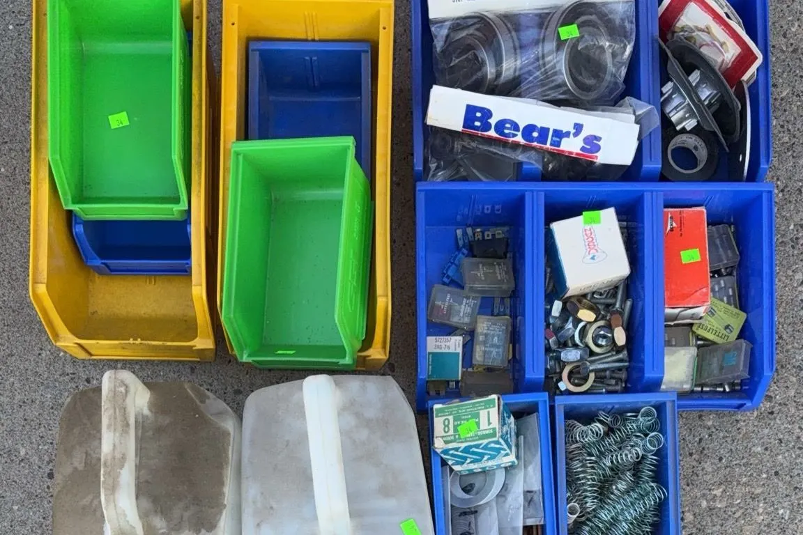 Automotive and Hardware Parts in Plastic Storage Bins