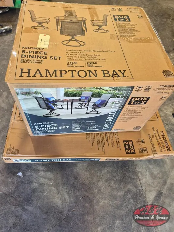 Brand New Hampton Bay Kentbury 5-Piece Steel Padded Sling Square Glass Top Outdoor Dining Set