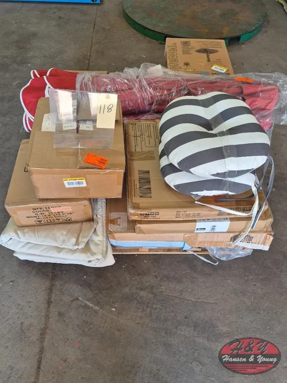 Pallet of Assorted Umbrellas, Bases & Cushions
