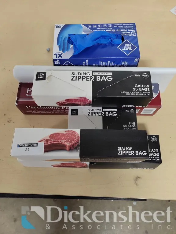 LOT OF SLIDING ZIPPER PLASTIC BAGS, PARCHMENT PAPER AND GLOVES