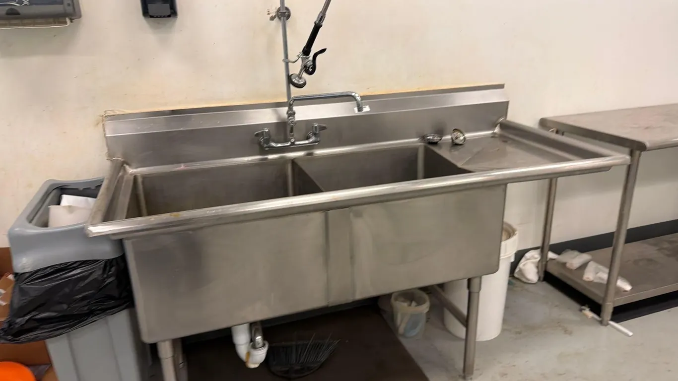 TWO COMPARTMENT POT SINK WITH RIGHT DRAINBOARD AND PRERINSE