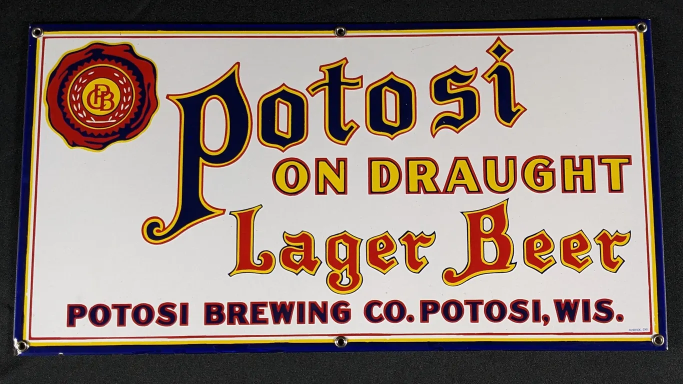 PORCELAIN SIGN POTOSI LAGER BEER ON DRAUGHT WISCONSIN