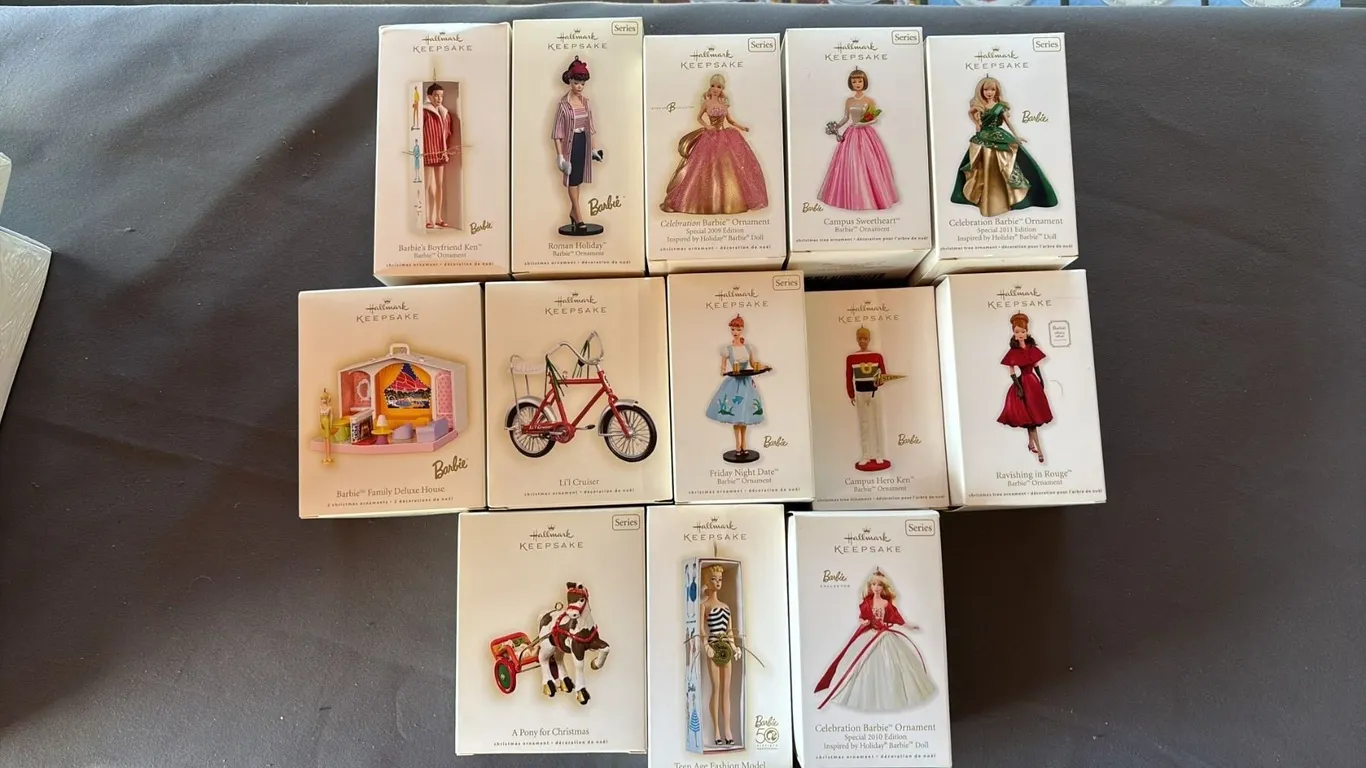 BOX OF (13) HALLMARK KEEPSAKE BARBIE ORNAMENTS *IN ORIGINAL BOXES*
