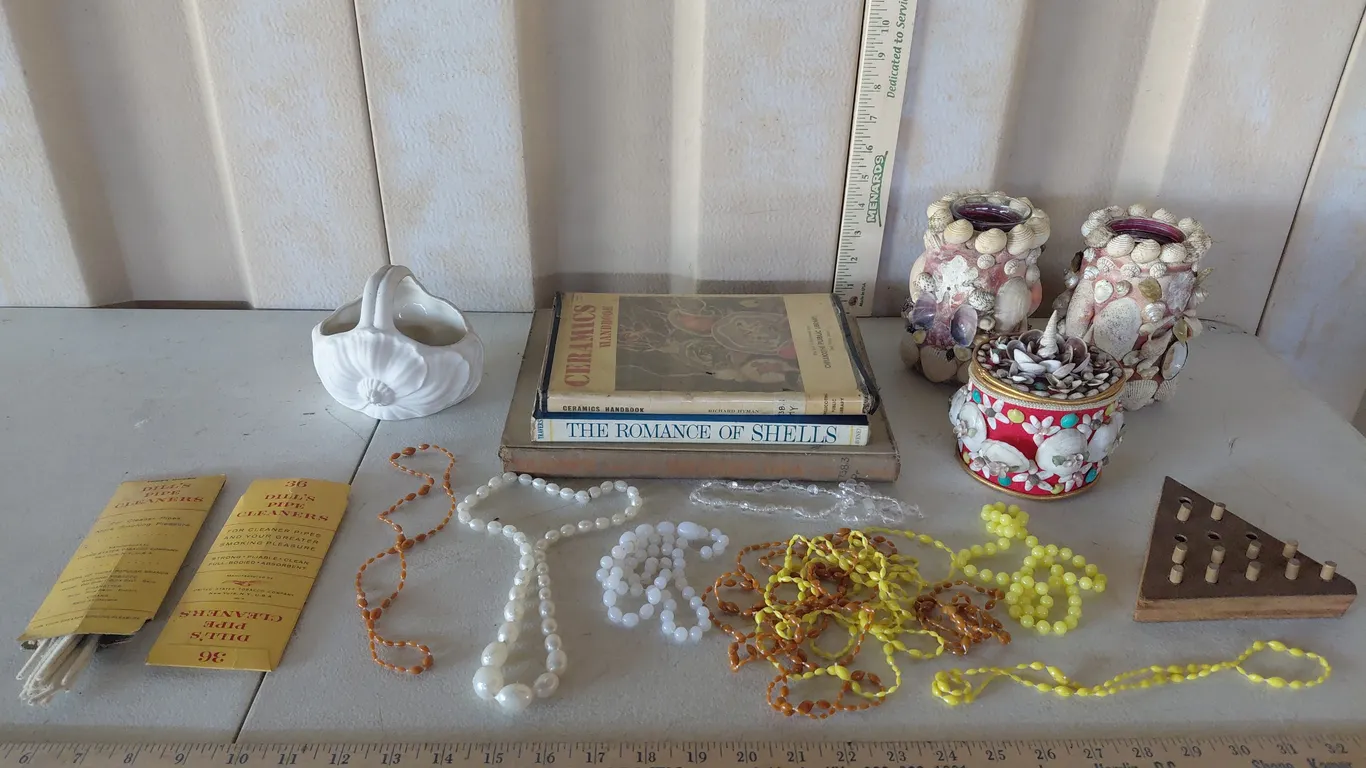 Shell Crafts, Ceramic Basket, The Romance Of Shells Book, & 2 Ceramics Books