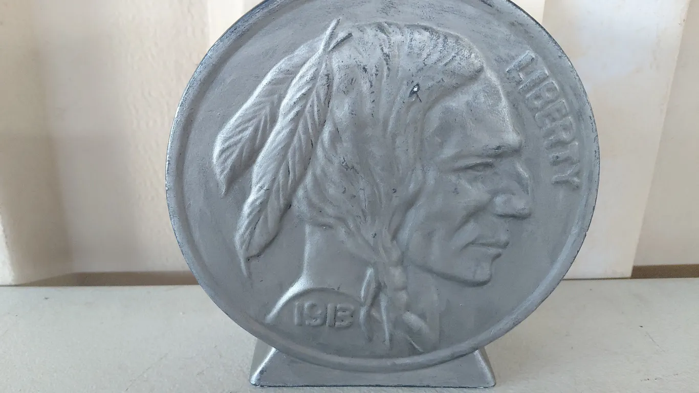 1976 Ceramic 1913 Buffalo Nickel Bank, Top Has Damage 7.25" Tall