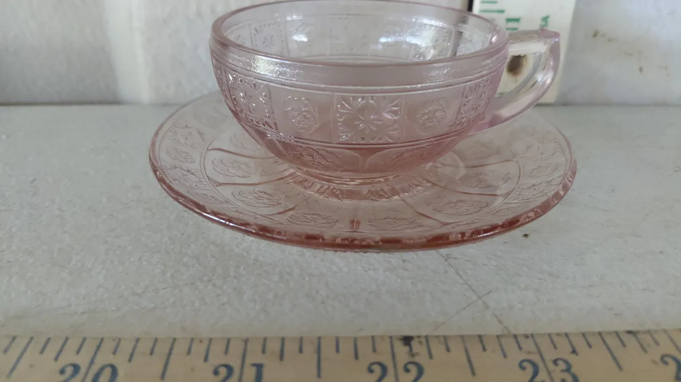 Jeannette Doric & Pansy Pink Glass Tea Cup & Saucer