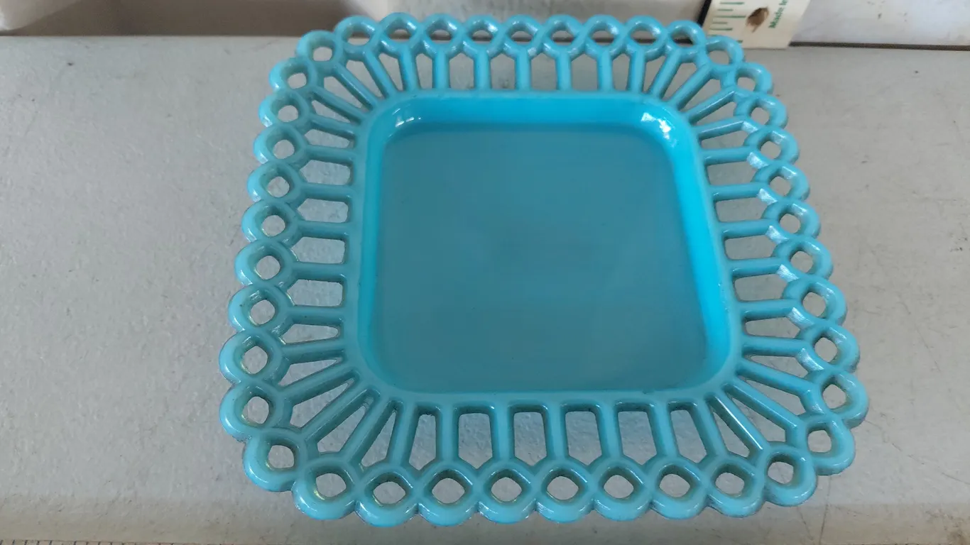 Vintage Blue Glass Open Lace Square Plate 7"X7" Minor Chips