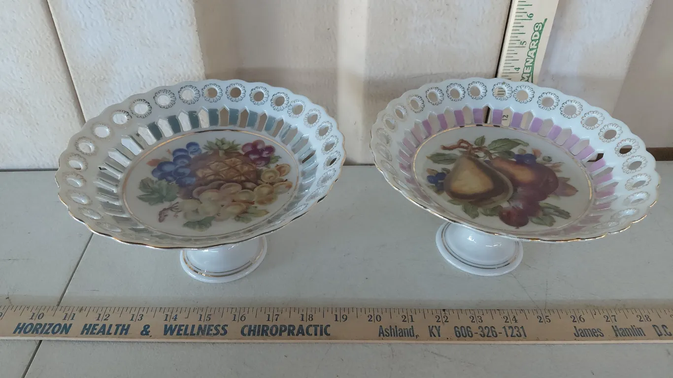 2 Vintage Royal Halsey Very Fine Porcelain Open Lace Pedestal Compote 8"X4.25"