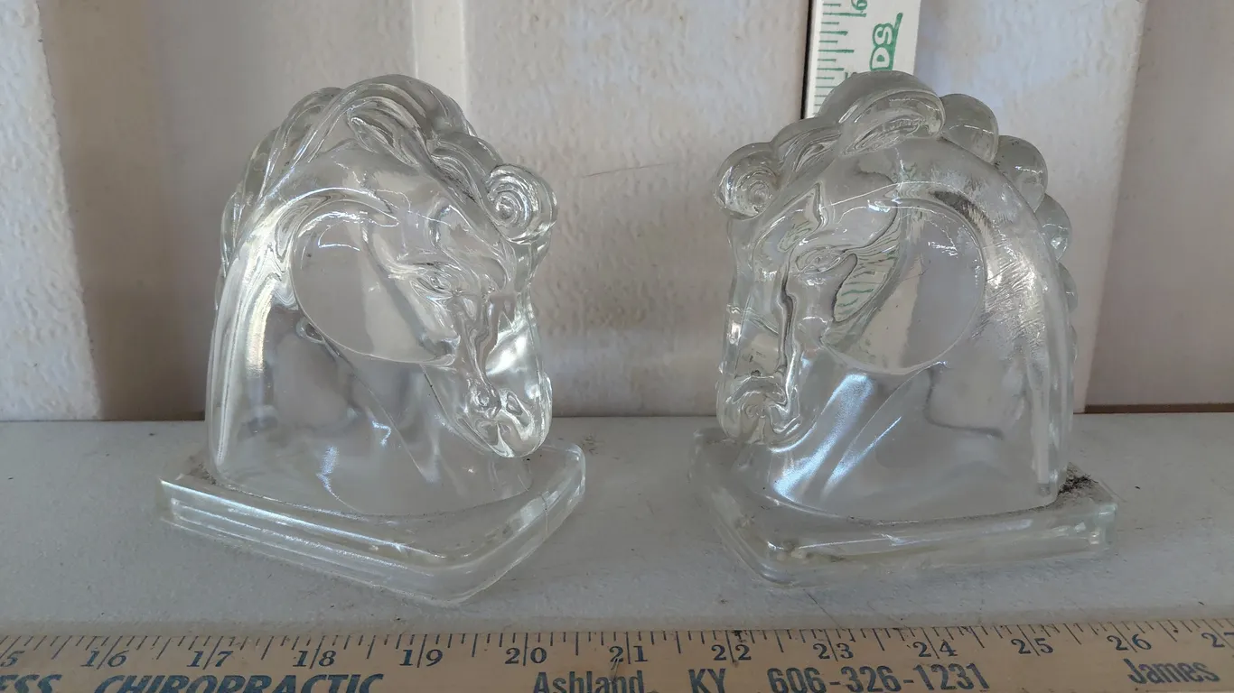 Vintage Federal Glass Pressed Glass Horse Head Bookends, Both Have Chips