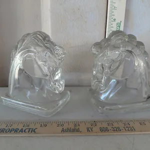 Vintage Federal Glass Pressed Glass Horse Head Bookends, Both Have Chips