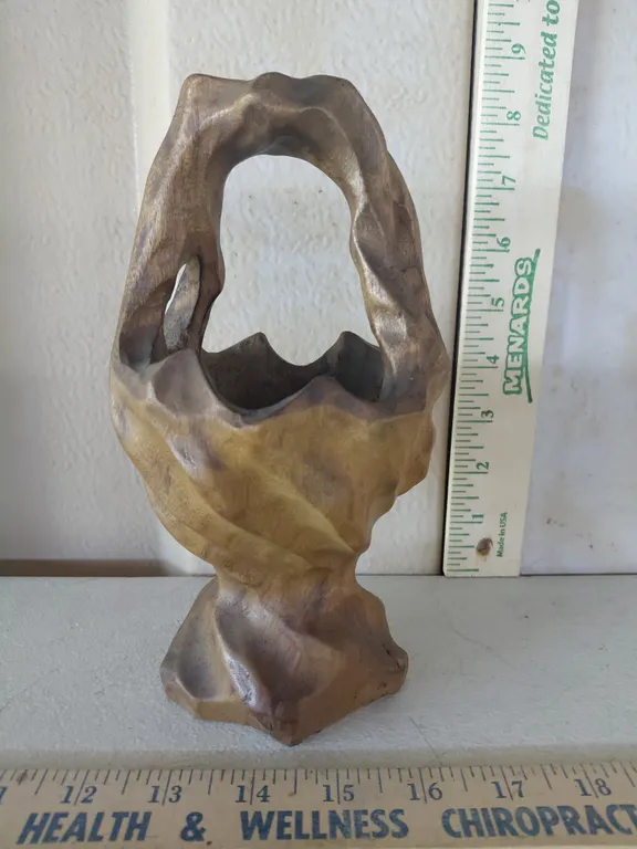 Vintage Hand Carved Wood Basket 8.5" Tall