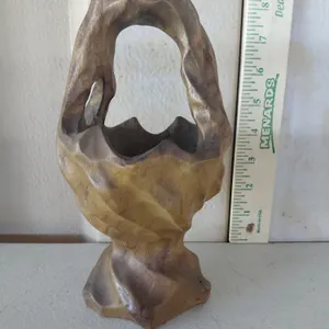 Vintage Hand Carved Wood Basket 8.5" Tall
