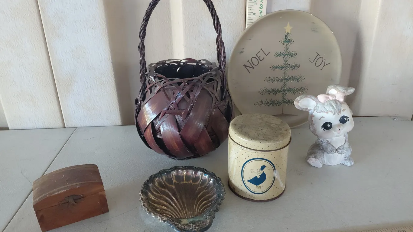 Decor Plate, Woven Basket, Ceramic Hand Painted Bunny, Wood Trinket Box, Etc.
