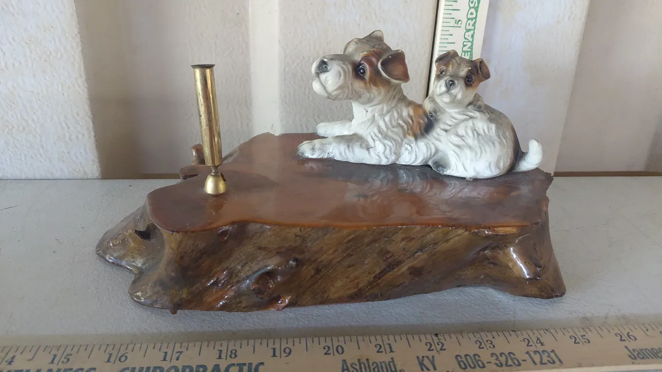 Vintage Ceramic Dog Figures Pen Holder On Wood