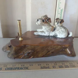 Vintage Ceramic Dog Figures Pen Holder On Wood