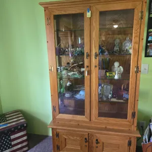 Vintage Amish made Oak, glass shelved curio cabinet