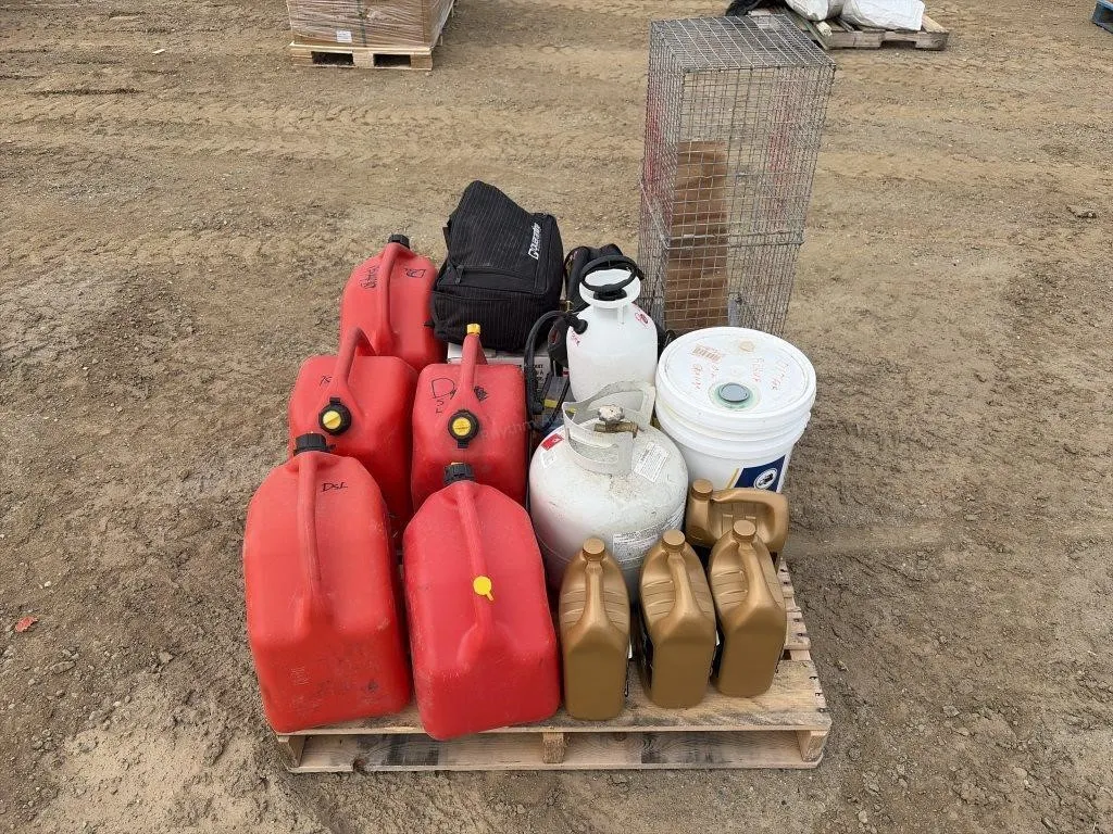 Pallet of Jerry Cans, Oil, Heater & More