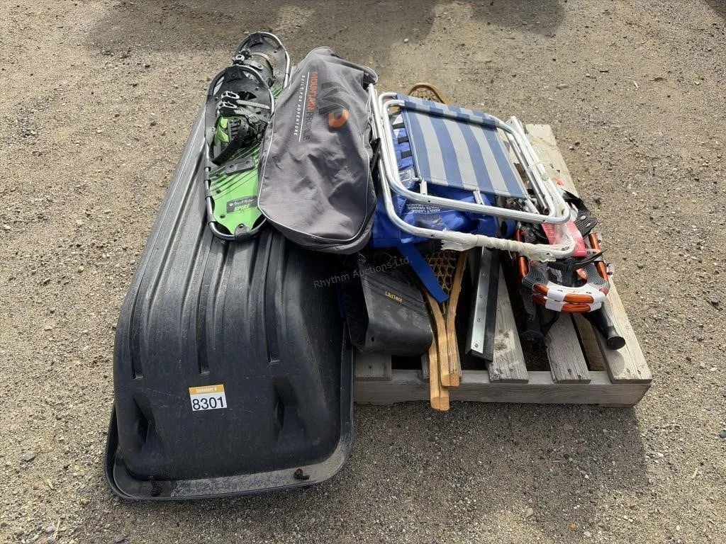Pallet with Sled, Snowshoes & More