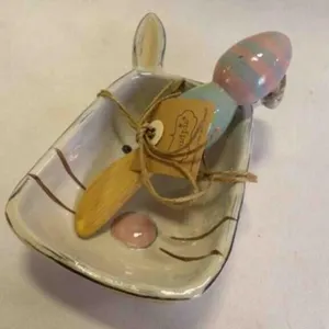 "Mud Pie" Easter Bunny Stoneware Dip Bowl w/Knife