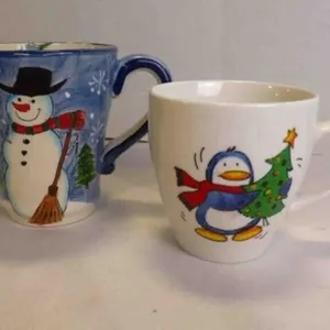 2 Charming Holiday Unused Hand-Painted Drink Mugs
