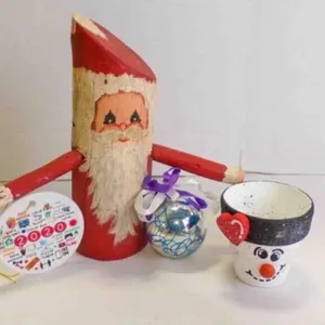 4 Holiday Items 1 Hand-Painted Wood Santa