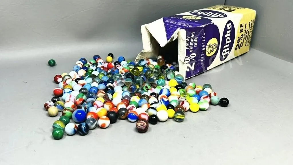 vintage marble collection in milk carton
