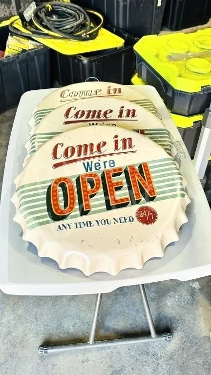 3 tin "Come in We're OPEN" signs - 16" wide