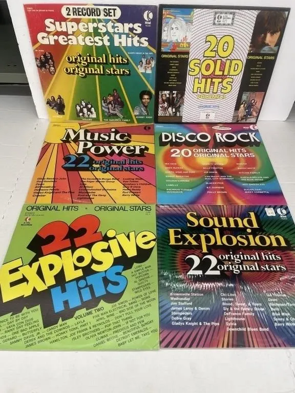 Six dynamic K-Tel compilation albums.