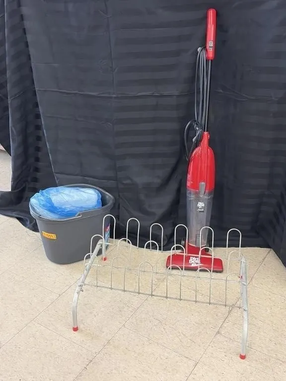 Dirt Devil Vacuum, Shoe Rack, Bucket and Rug