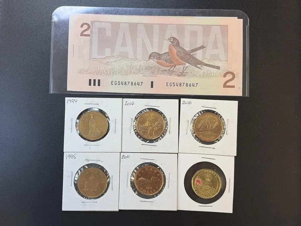 6 Loonies and 2 Consecutive Serial Number $2 Bills