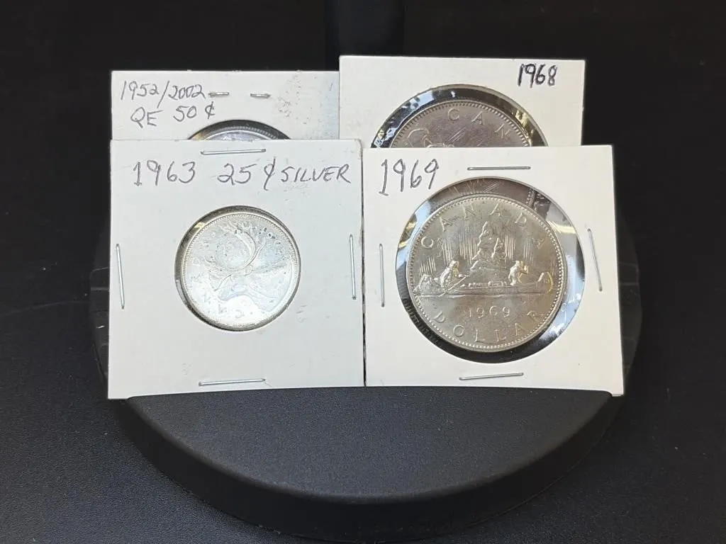 1963 Silver 25 Cents, 1968 and 1969 Dollar, 2002