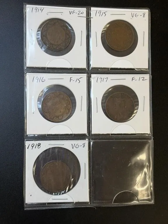 5 WW1 Large Copper Cents - 1914/15/16/17/18