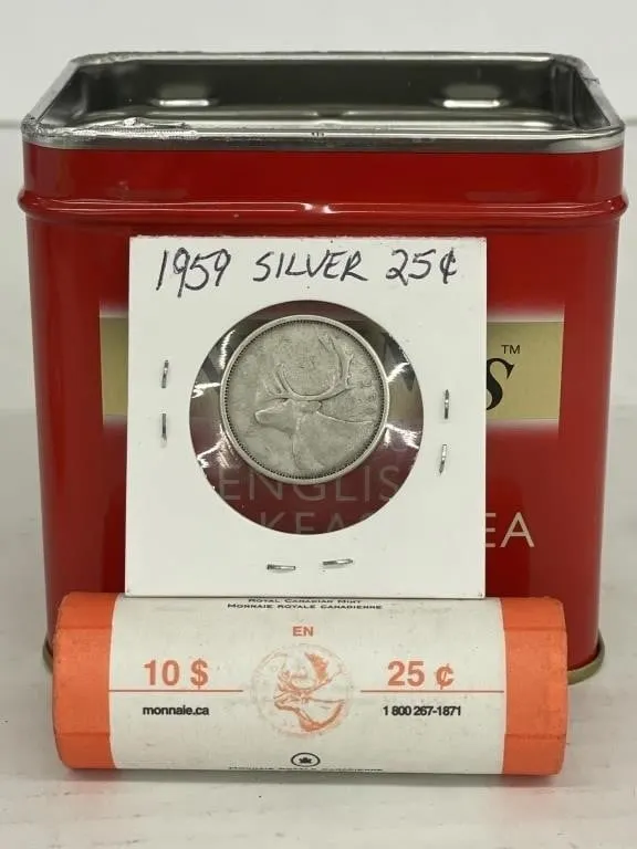 Canadian 1959 silver 25� coin and a roll of 2010