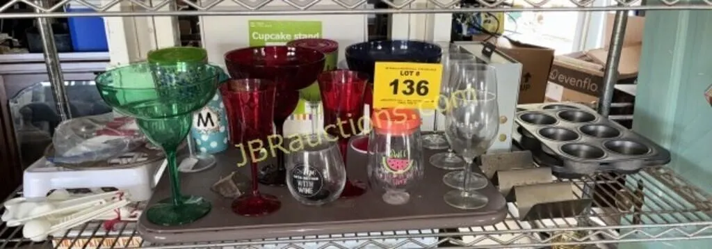 STEMWARE, MUFFIN PAN, GLASSES, ONE SHELF FULL