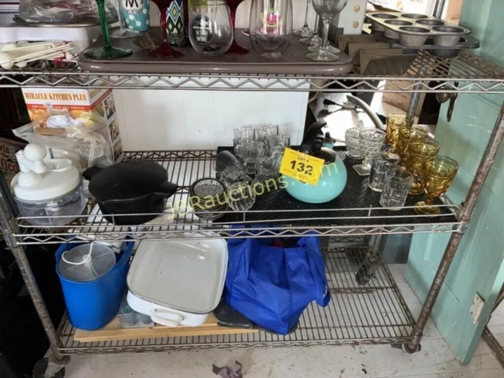 GLASSES, KITCHEN GOODS, 2 SHELVES FULL