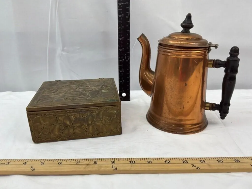 Copper Coffee Pot & Embossed Keepsake (Lot of 2)