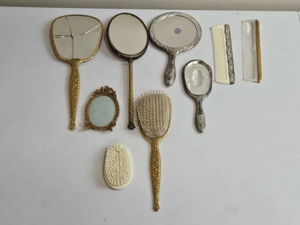 Ornate Vanity Mirror & Brush Set (Lot of 9)