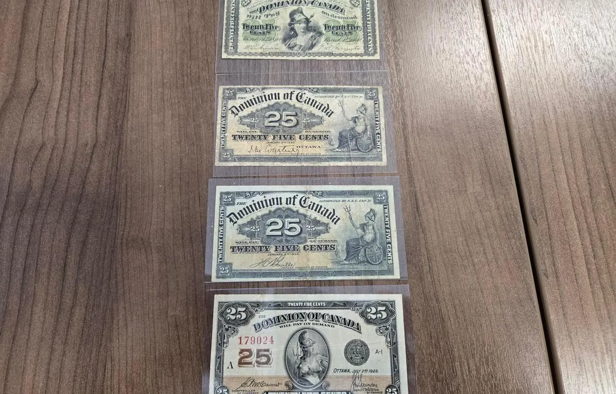 (4) Dominion of Canada 25c Banknotes (1870 Dickinson/Harington B, 1900 Courtney, 1900 Boville & 1923 McCavour)
UNRESERVED
