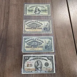 (4) Dominion of Canada 25c Banknotes (1870 Dickinson/Harington B, 1900 Courtney, 1900 Boville & 1923 McCavour)
 UNRESERVED