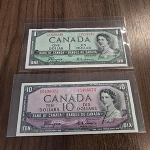 1954 Bank of Canada $1 & $10 Devils Face Banknotes (Coynr/Towers)
 UNRESERVED