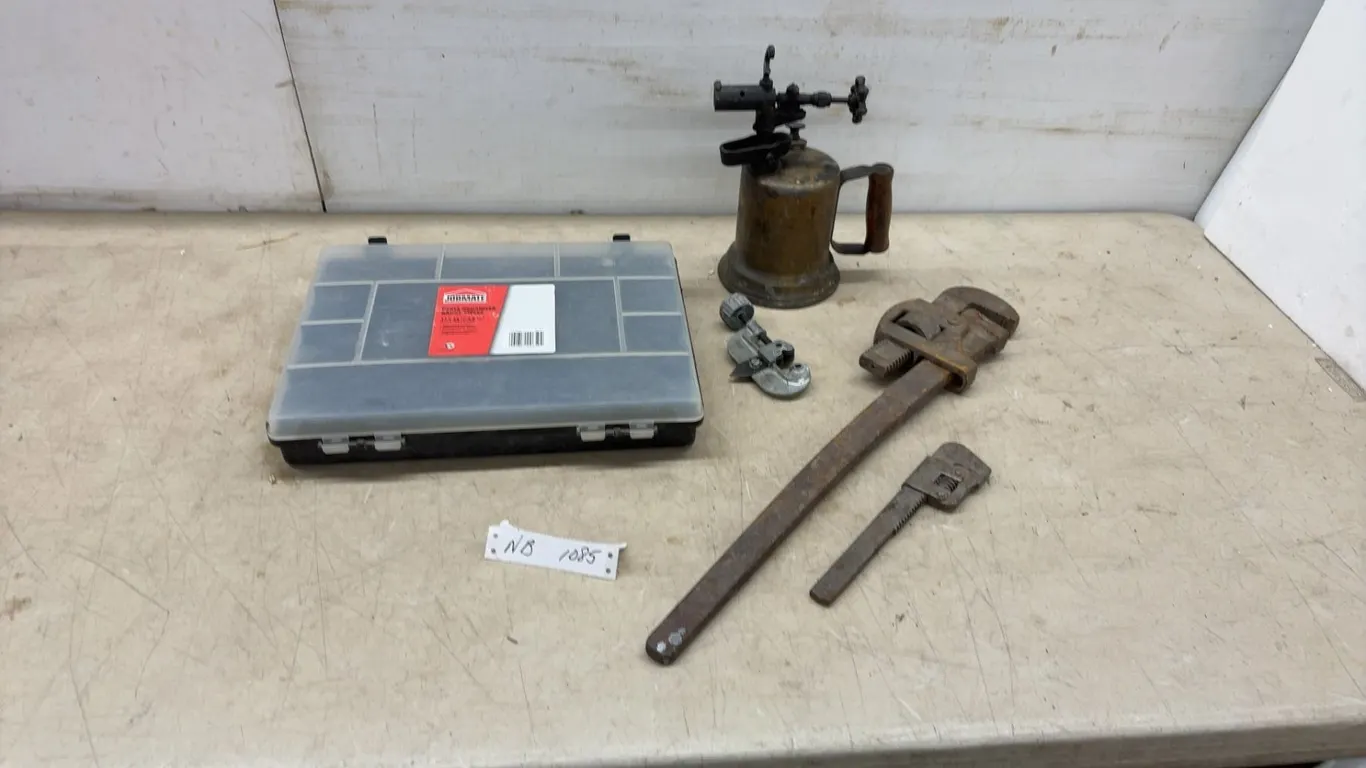Vintage Otto Bernz Co. Brass Pump Blowtorch with Wooden Handle, Pipe Wrench, Tube Cutter