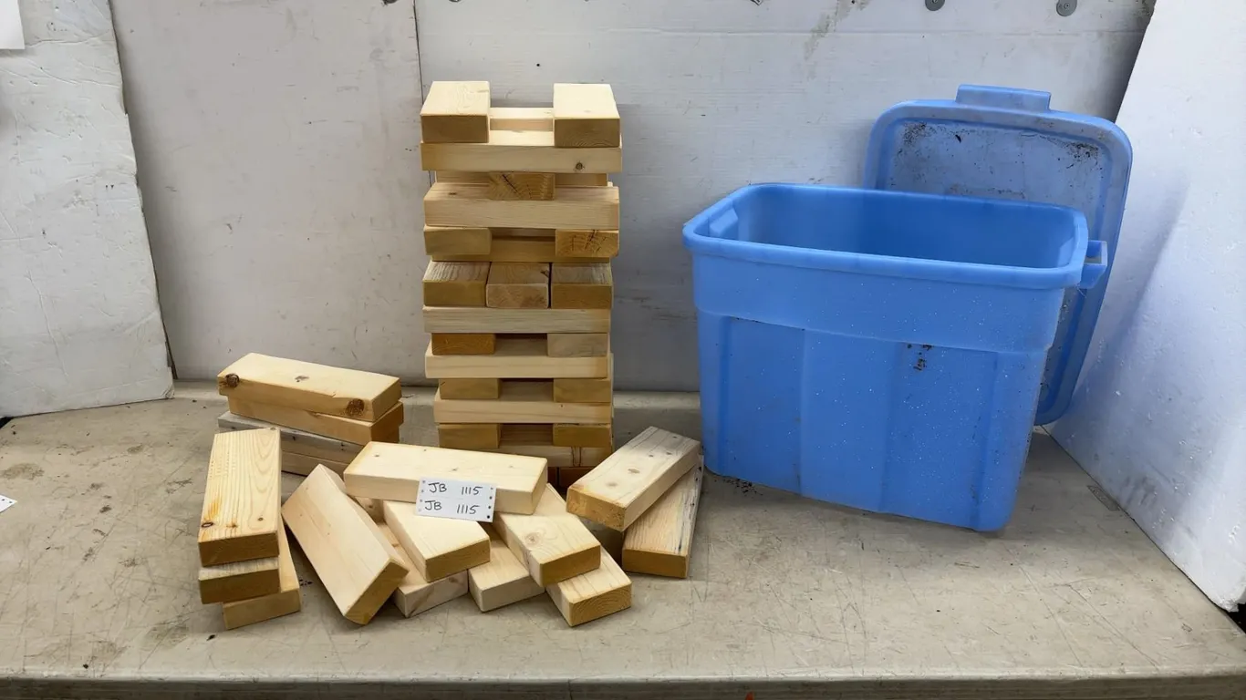 Jenga-Style Wood Block Game in Blue Plastic Storage Bin (48 10-1/2” 2 × 4 Blocks)