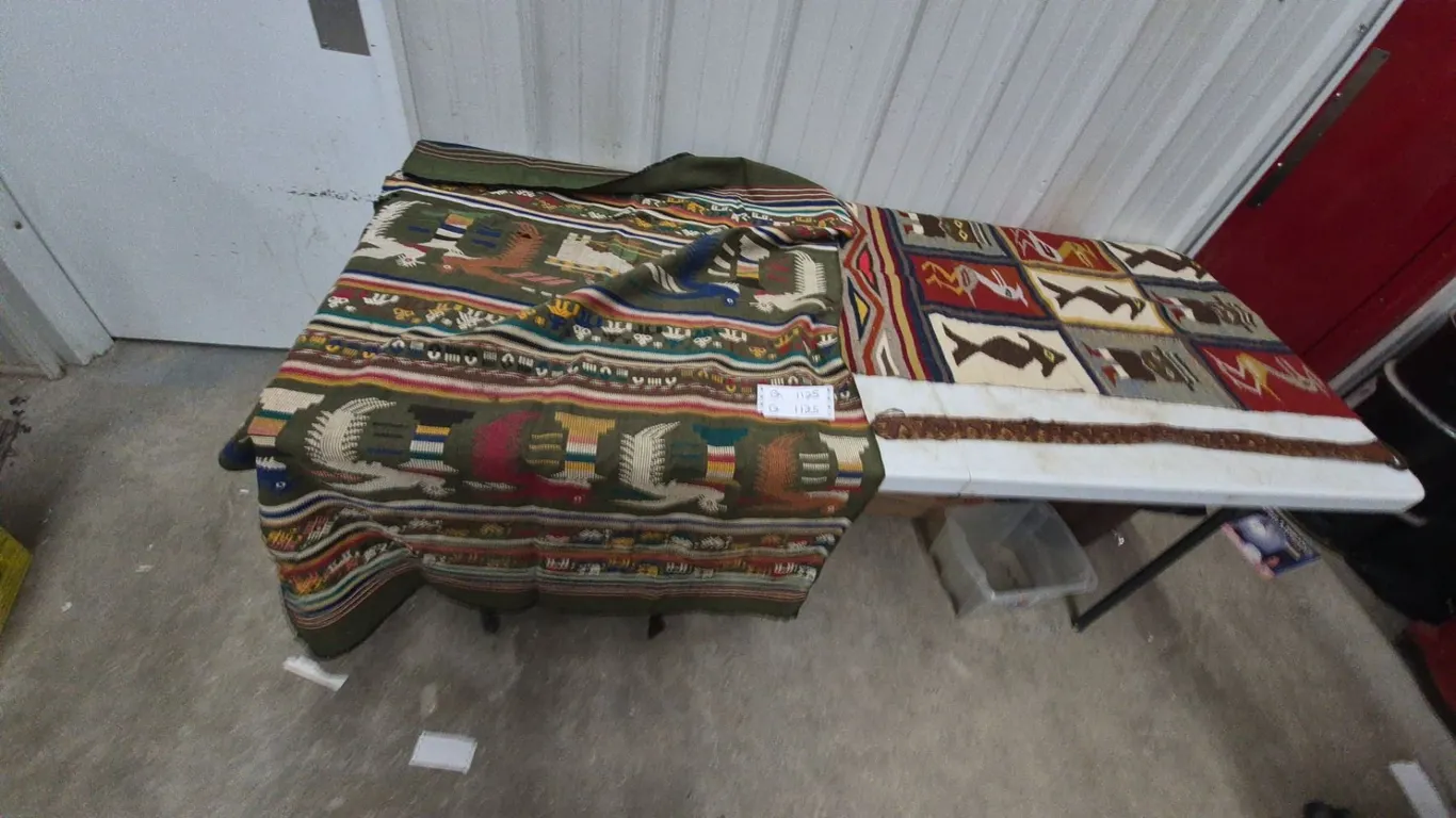 Two Woven Mexican Blankets and Tooled Leather Belt