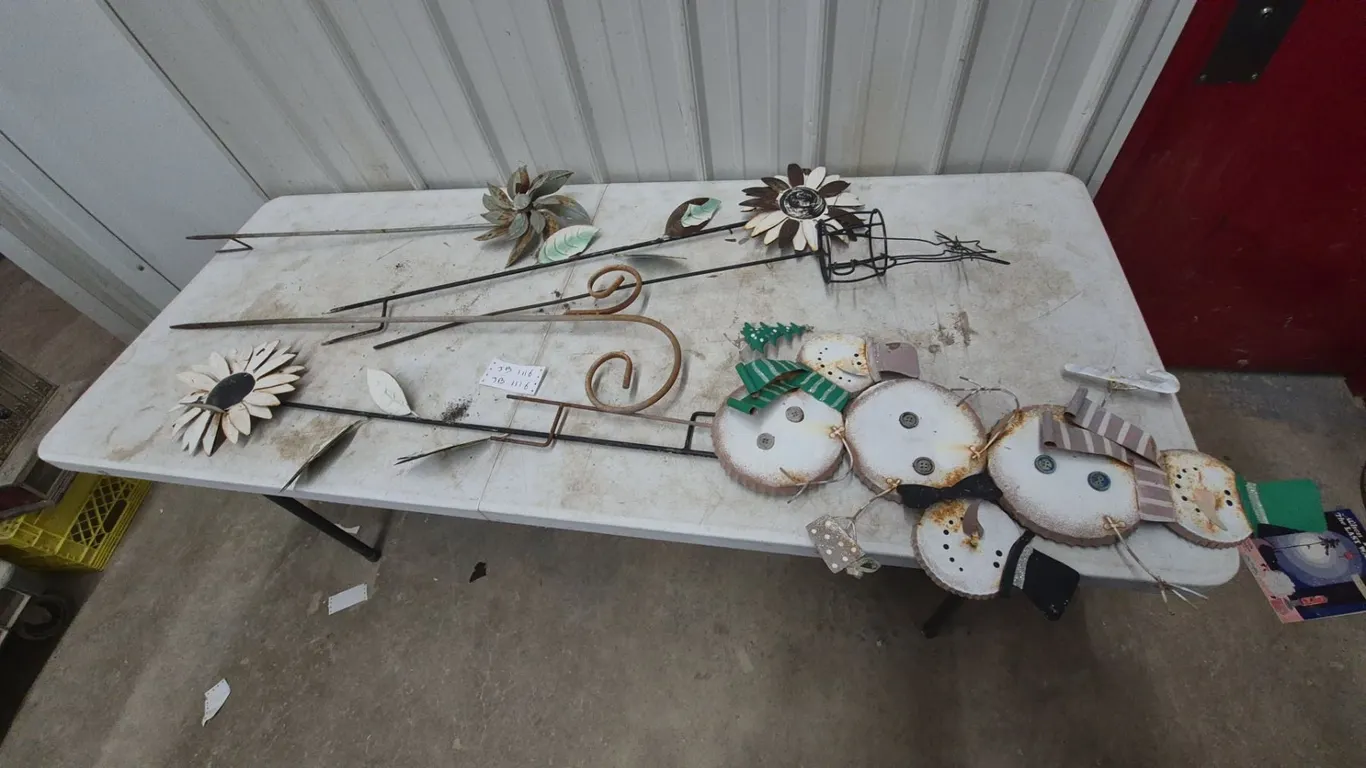 Metal Garden Stakes: 3 Flower Stakes, 3 Snowman Stakes, and 1 Scroll Stake