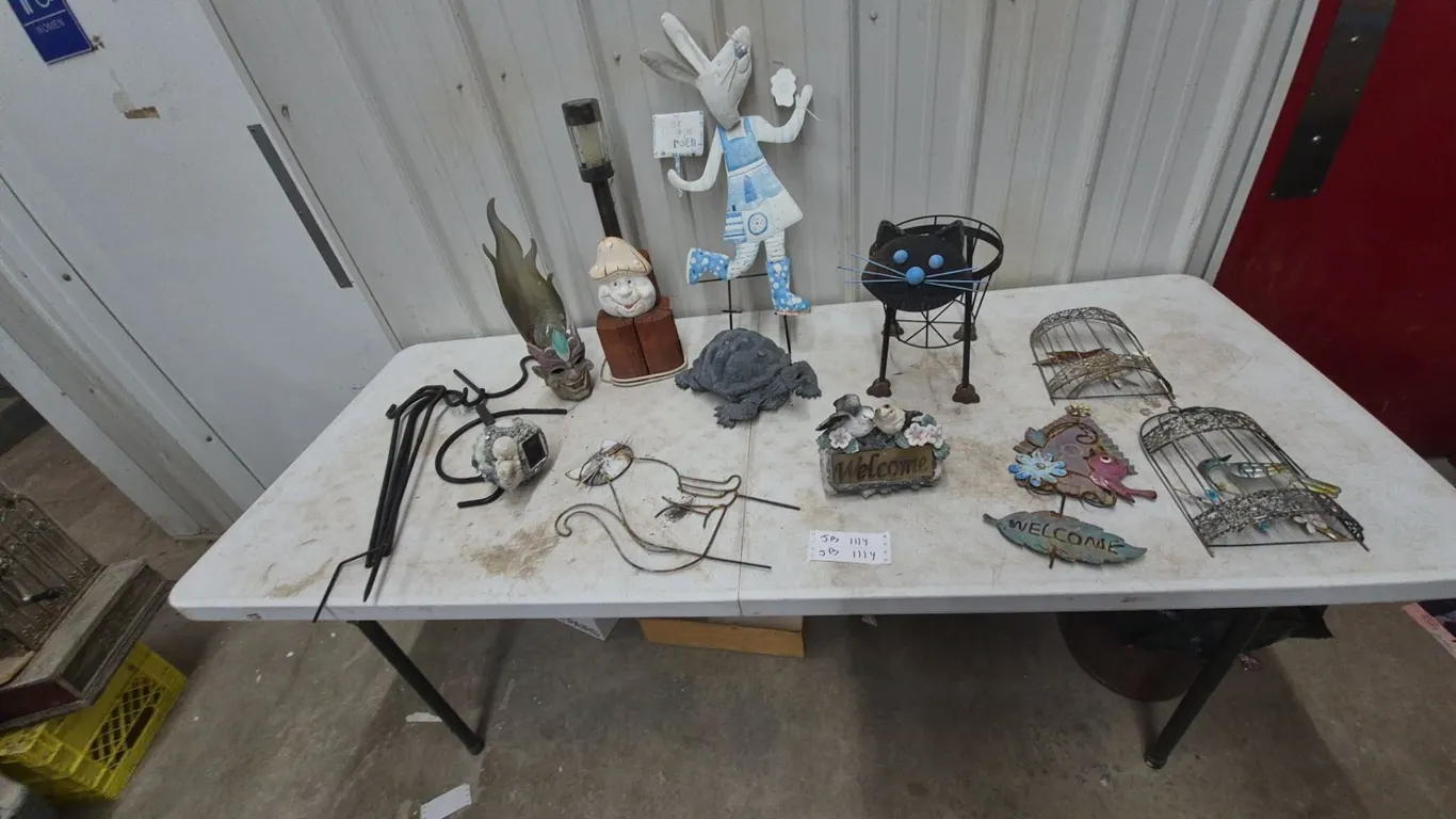 Garden Decor Lot: Rabbit, Gnome, Turtle, Cat, Bird Cages, Welcome Signs